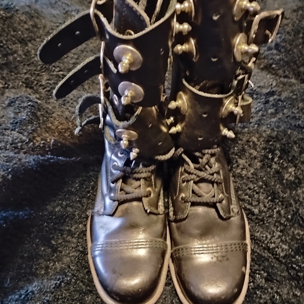 Underground Black Leather Combat Boots with Metallic Accents